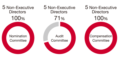 figure:Nomination Committee 5 Non-Executive Directors 100%, Audit Committee 5 Non-Executive Directors 71%, Compensation Committee 5 Non-Executive Directors 100%